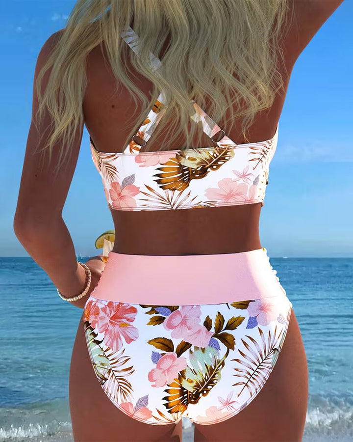 Contrasting Floral Print Cut-Out Bikini
