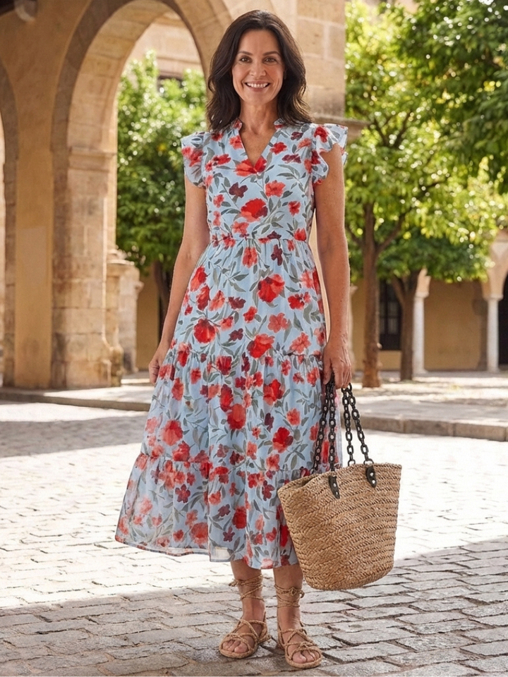 Garden Party Floral V-Neck Tiered Midi Dress