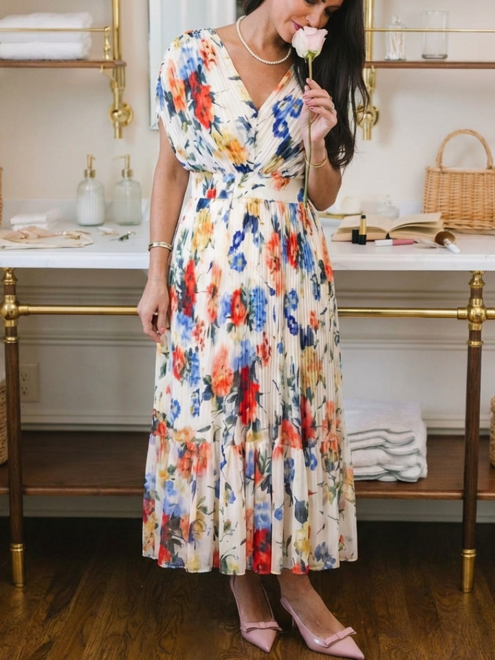 Garden Party Pleated Floral Short-Sleeve Midi Dress