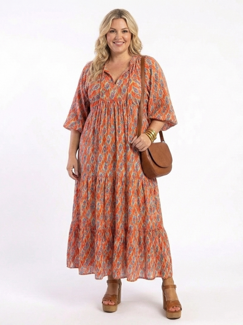 Modern Muse Geometric Tiered V-Neck Midi Dress