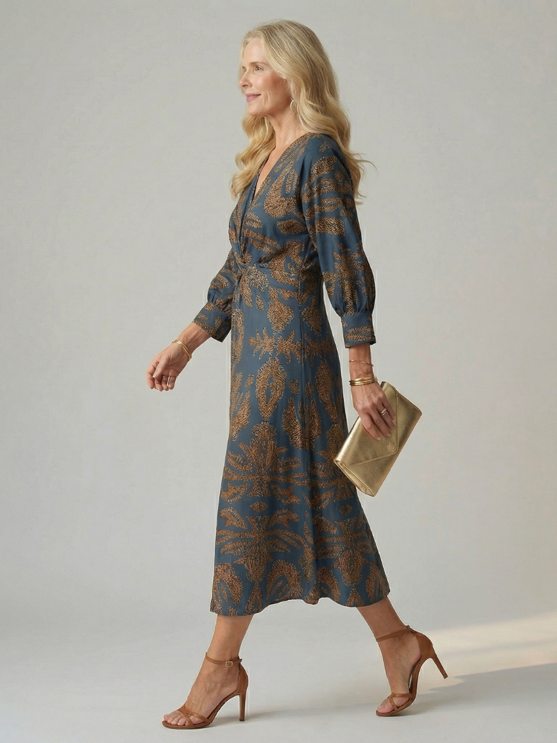 Emerald Paisley Twist-Front Midi Dress