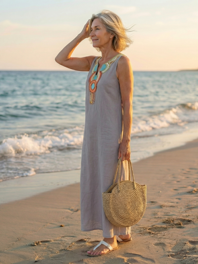 Embroidered Neckline Midi Dress