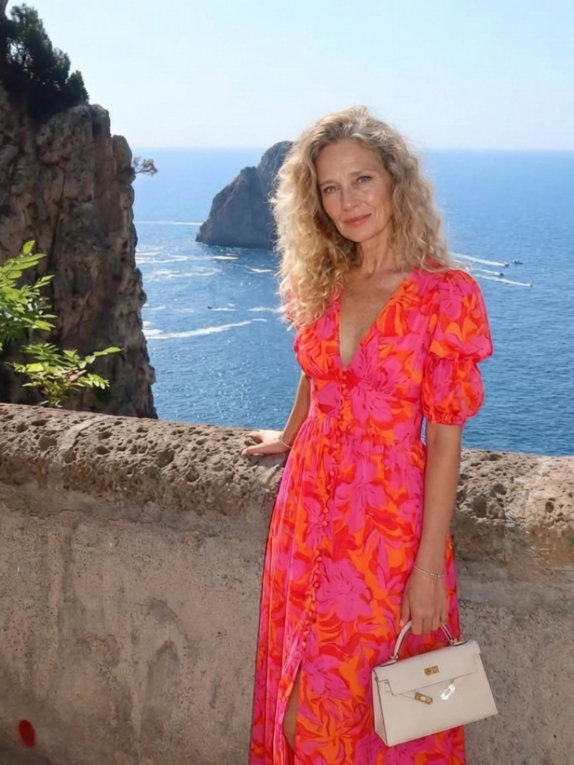 Garden Party Floral Puff-Sleeve V-Neck Midi Dress