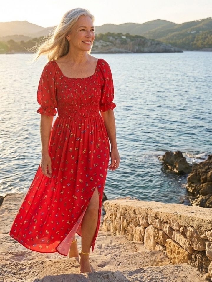 Romantic Garden Party Floral Square-Neck Puff-Sleeve Midi Dress