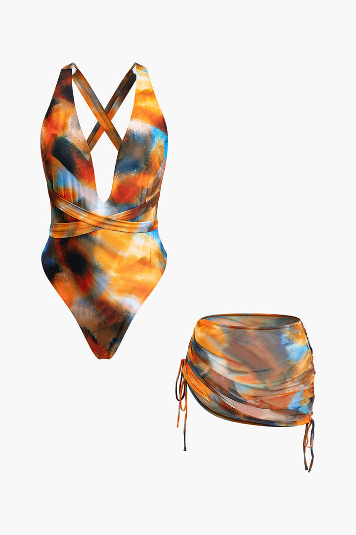 Siena Cross-Tie Swimsuit Set with Watercolor Pareo