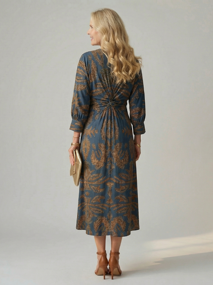 Emerald Paisley Twist-Front Midi Dress