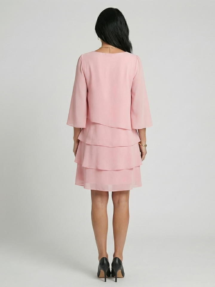 Romantic Date-Night Tiered Flare-Sleeve Knee-Length Dress