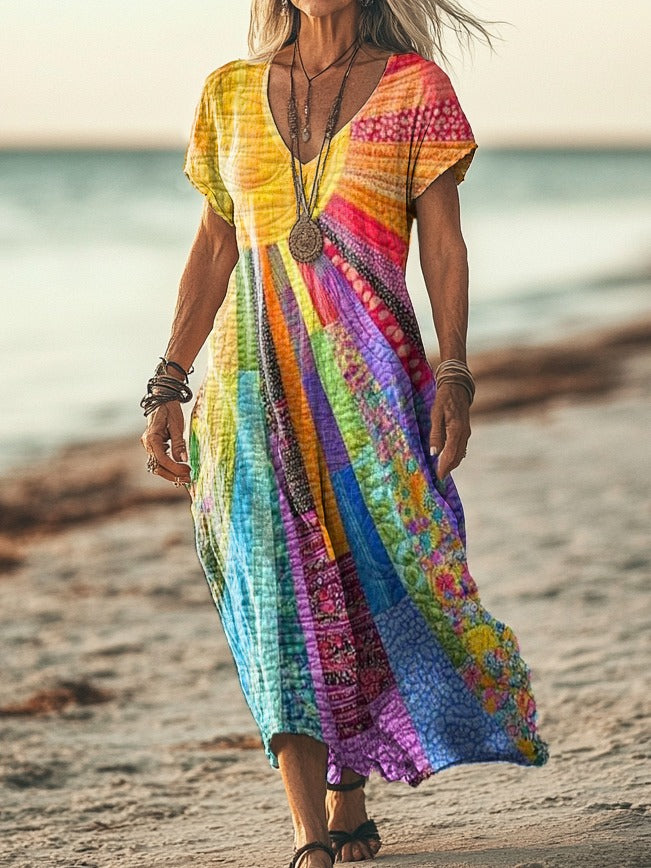 V-Neck Sun Print Dress