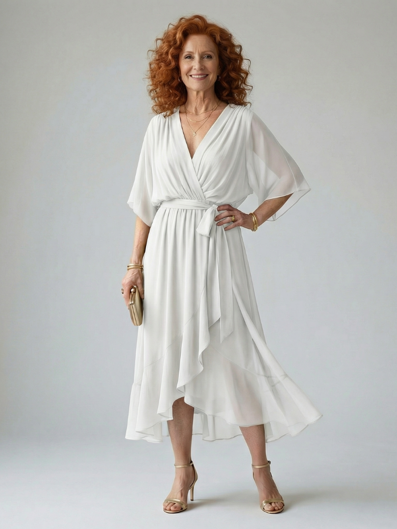 Olive Kimono-Sleeve Wrap Midi Dress