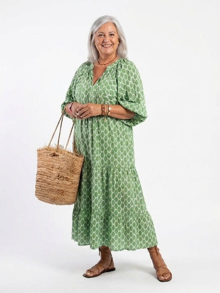 Patterned V-Neck Midi Dress