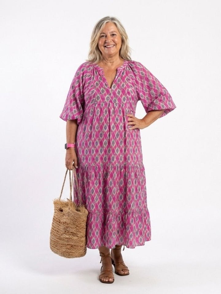 Patterned Tiered V-Neck Midi Dress