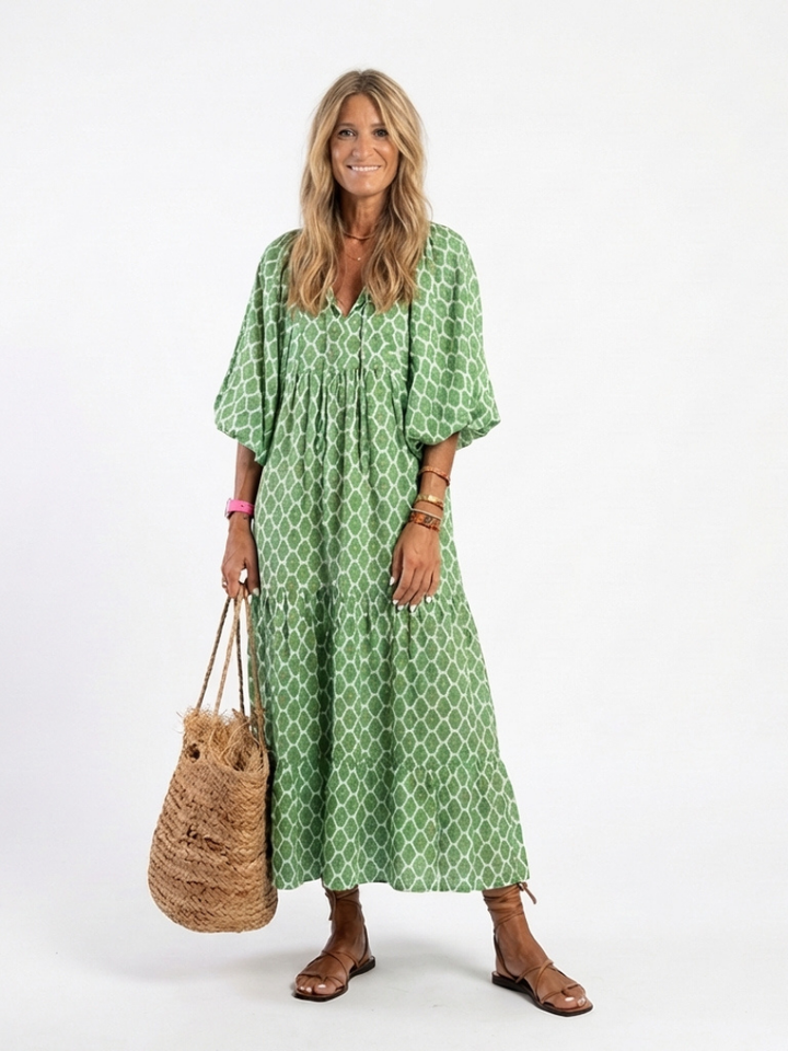 Patterned Tiered V-Neck Midi Dress
