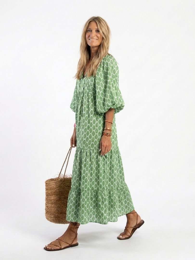 Patterned Tiered V-Neck Midi Dress