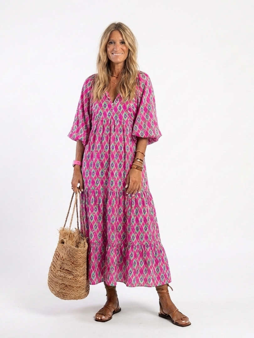 Patterned Tiered V-Neck Midi Dress