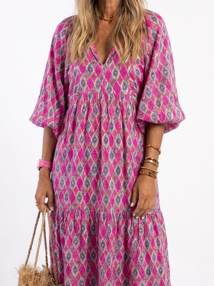Patterned Tiered V-Neck Midi Dress