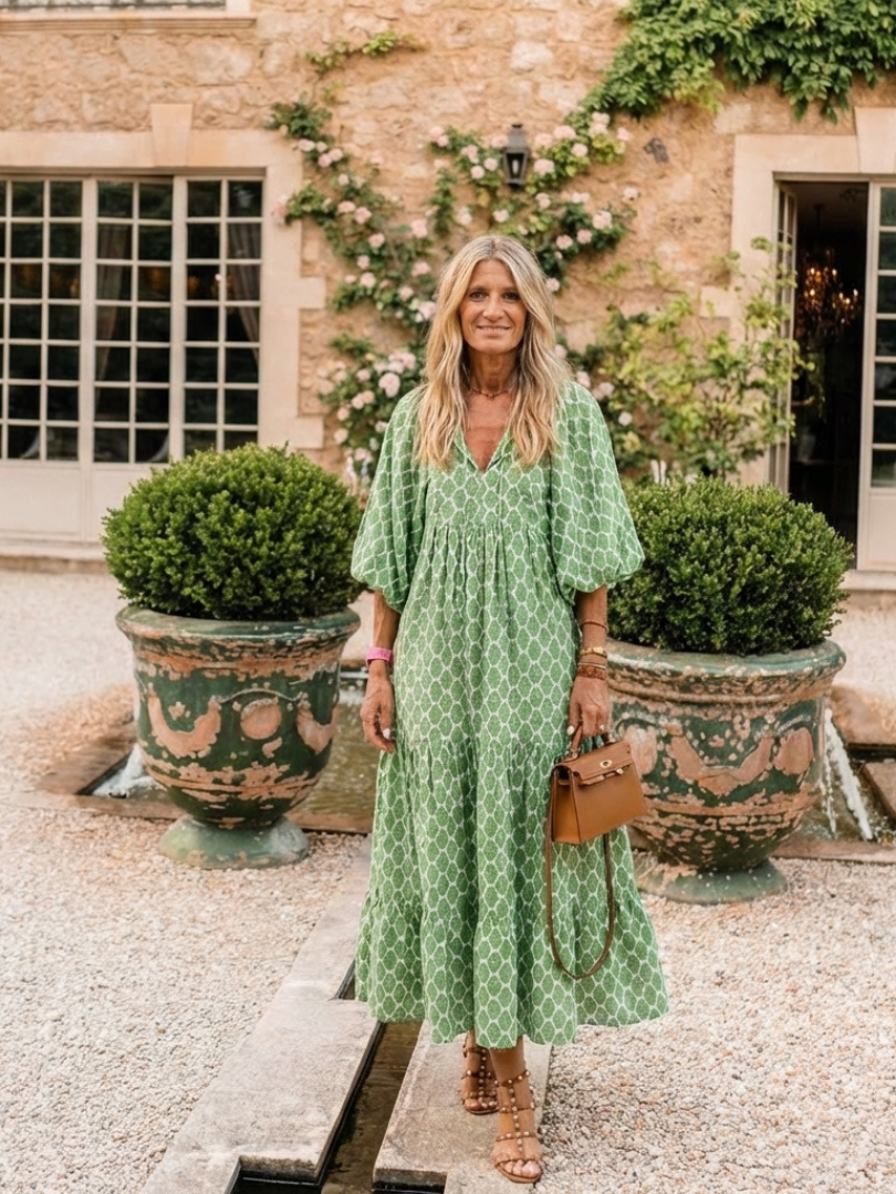 Patterned Tiered V-Neck Midi Dress