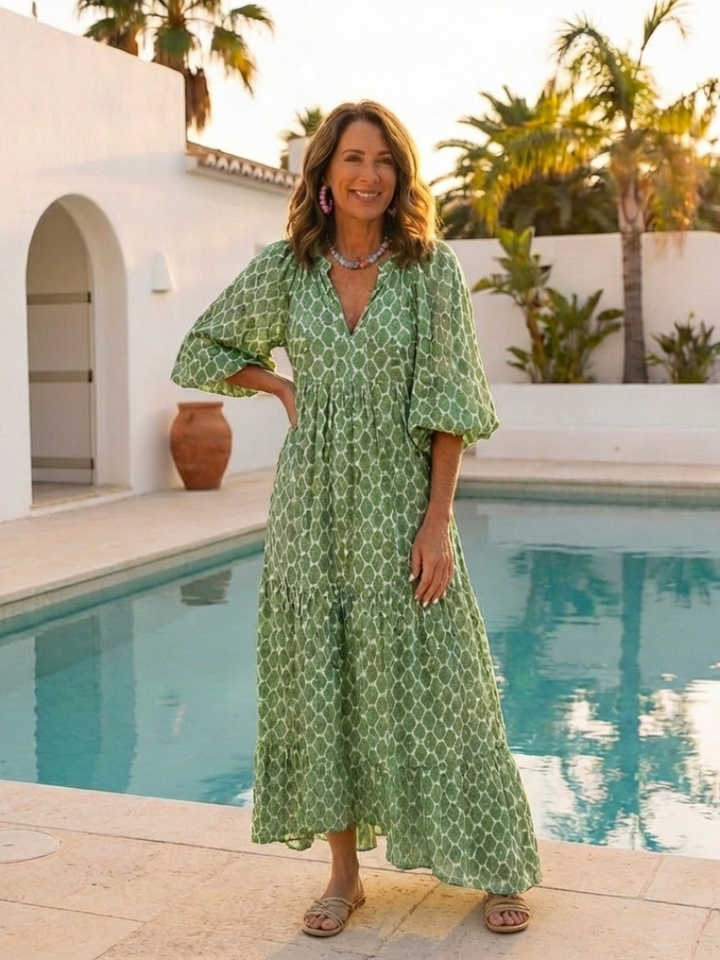 Patterned Tiered V-Neck Midi Dress