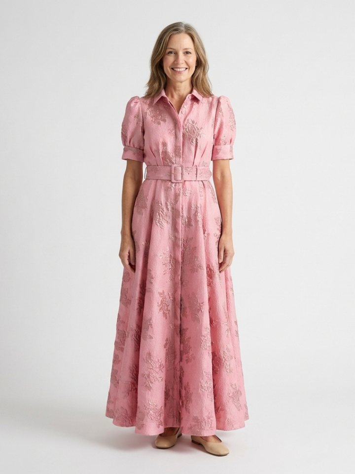 Garden Party Belted Textured Floral Maxi Shirtdress