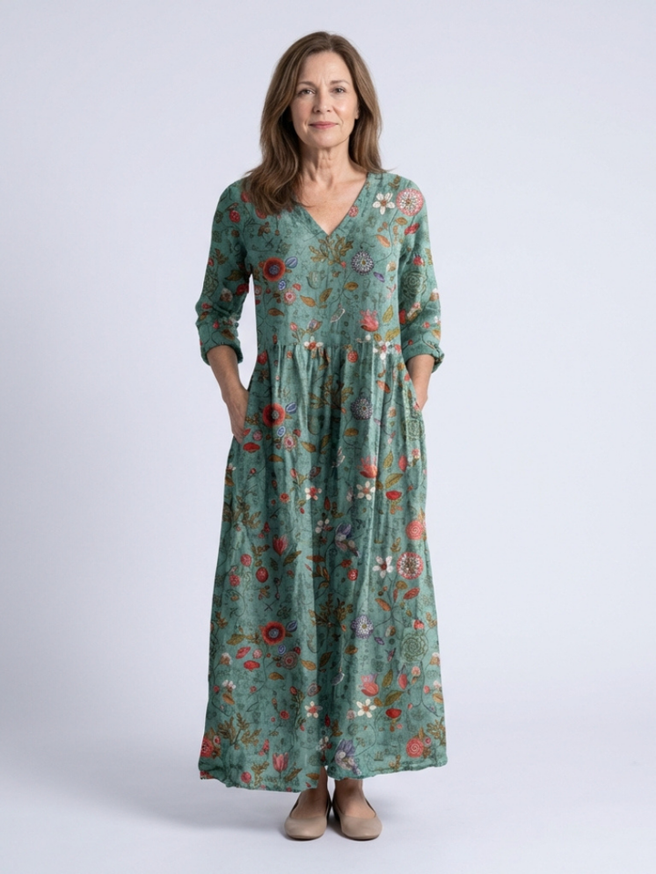 Romantic Garden-Party Floral V-Neck Three-Quarter-Sleeve Maxi Dress