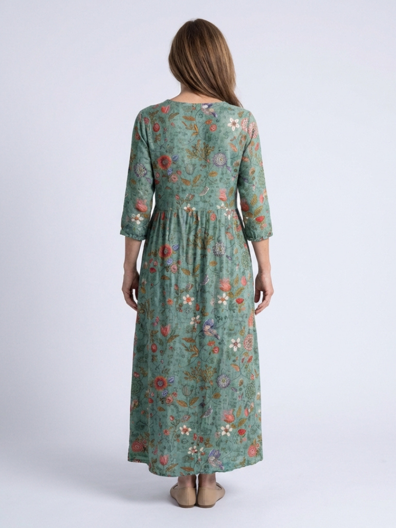 Romantic Garden-Party Floral V-Neck Three-Quarter-Sleeve Maxi Dress