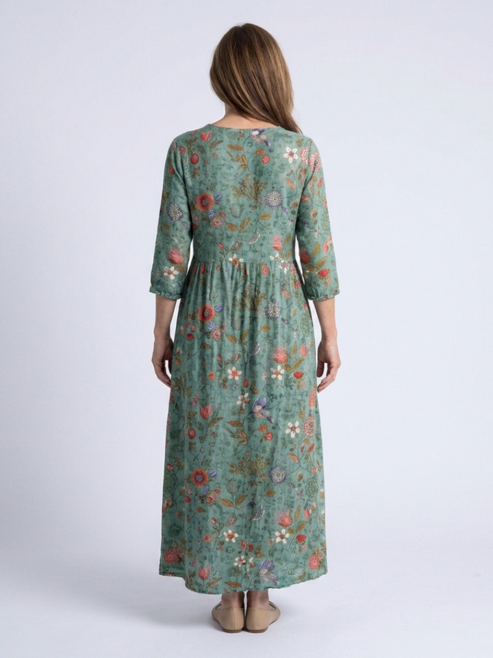 Romantic Garden-Party Floral V-Neck Three-Quarter-Sleeve Maxi Dress