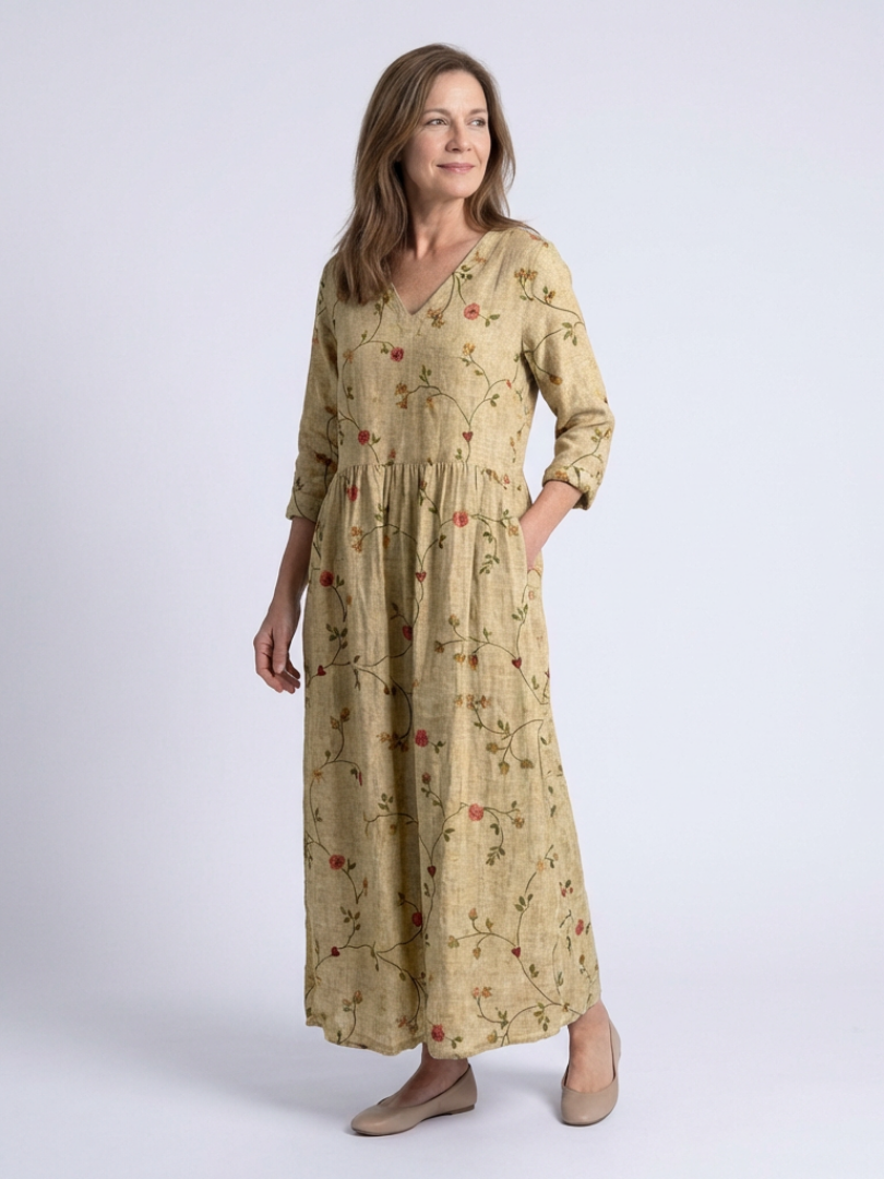 Romantic Garden-Party Floral V-Neck Three-Quarter-Sleeve Maxi Dress