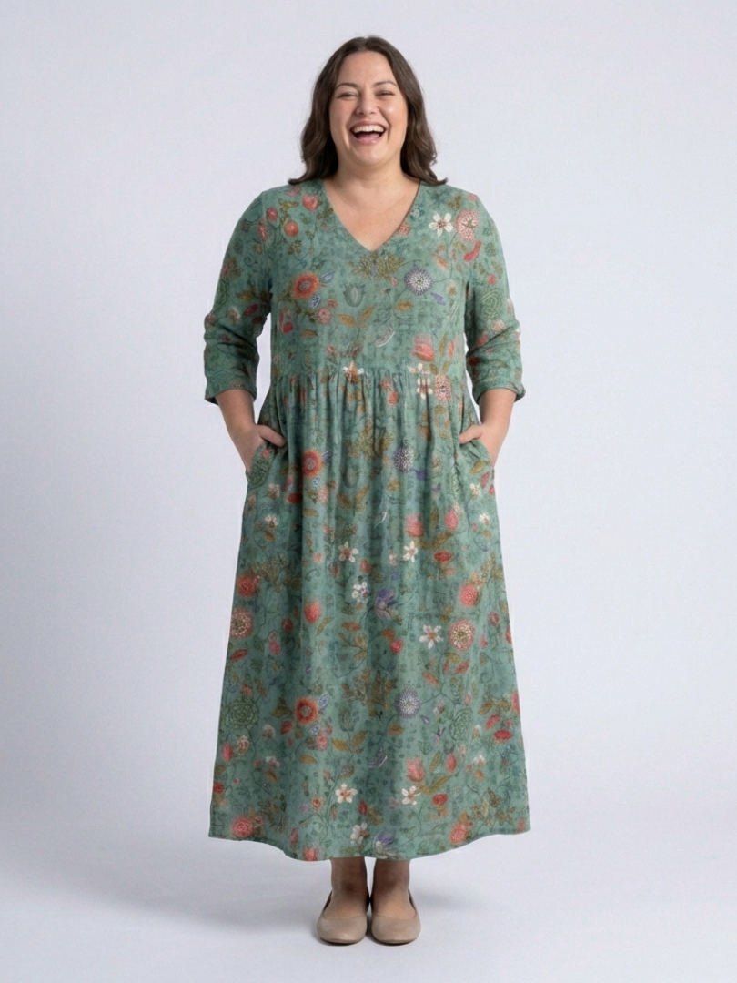 Romantic Garden-Party Floral V-Neck Three-Quarter-Sleeve Maxi Dress