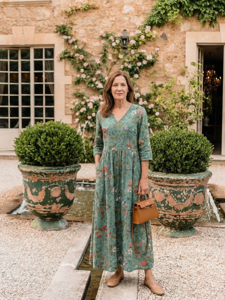 Romantic Garden-Party Floral V-Neck Three-Quarter-Sleeve Maxi Dress