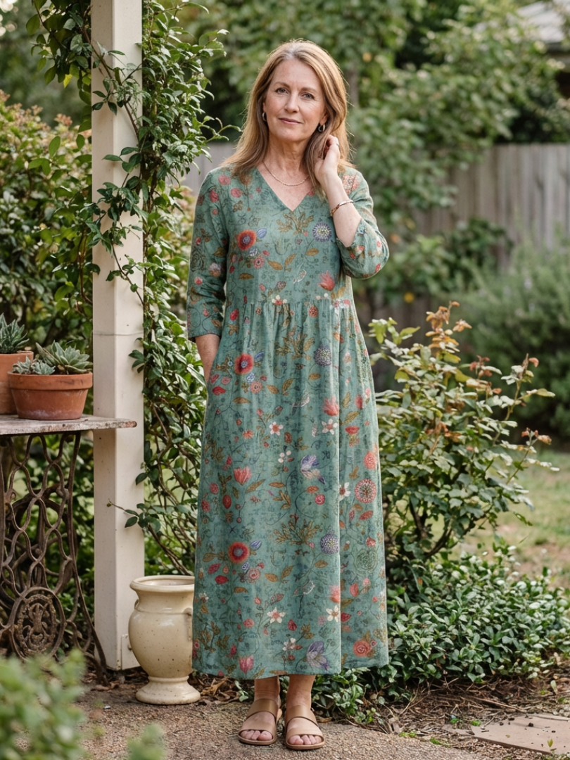 Romantic Garden-Party Floral V-Neck Three-Quarter-Sleeve Maxi Dress