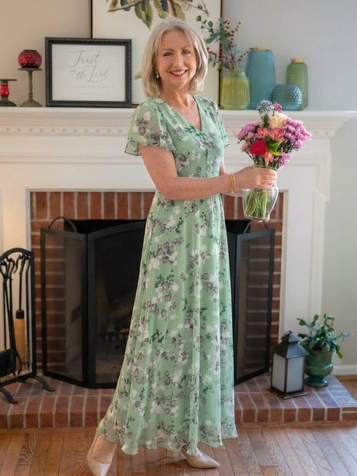 Romantic Garden Party Floral Chiffon Maxi Dress