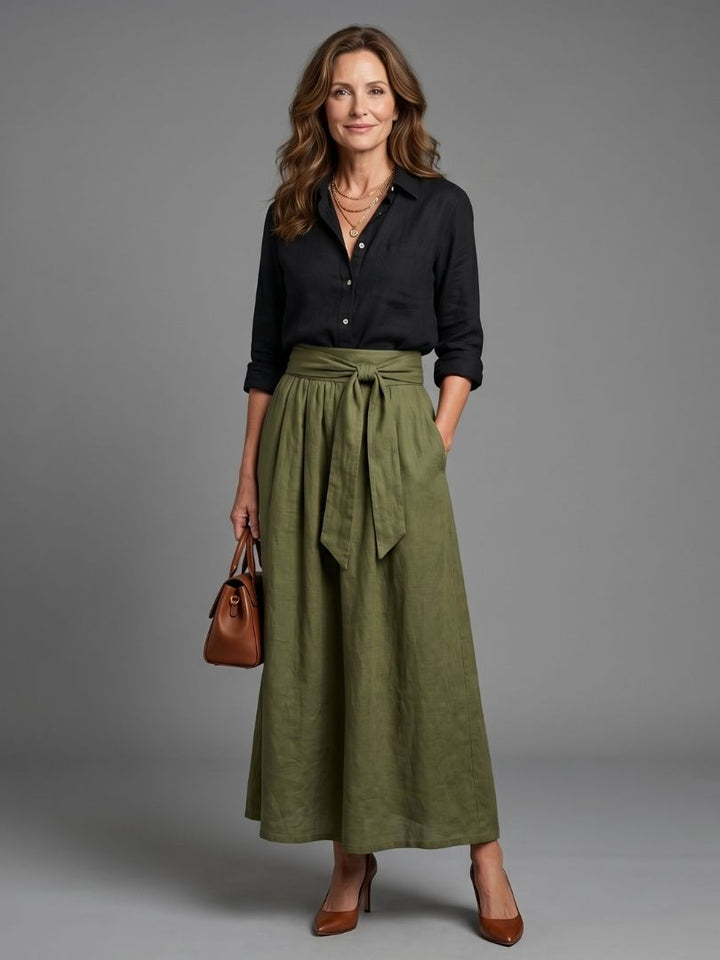 Black Blouse and Olive Skirt Set
