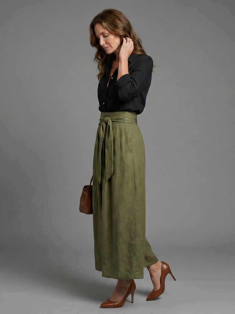 Black Blouse and Olive Skirt Set