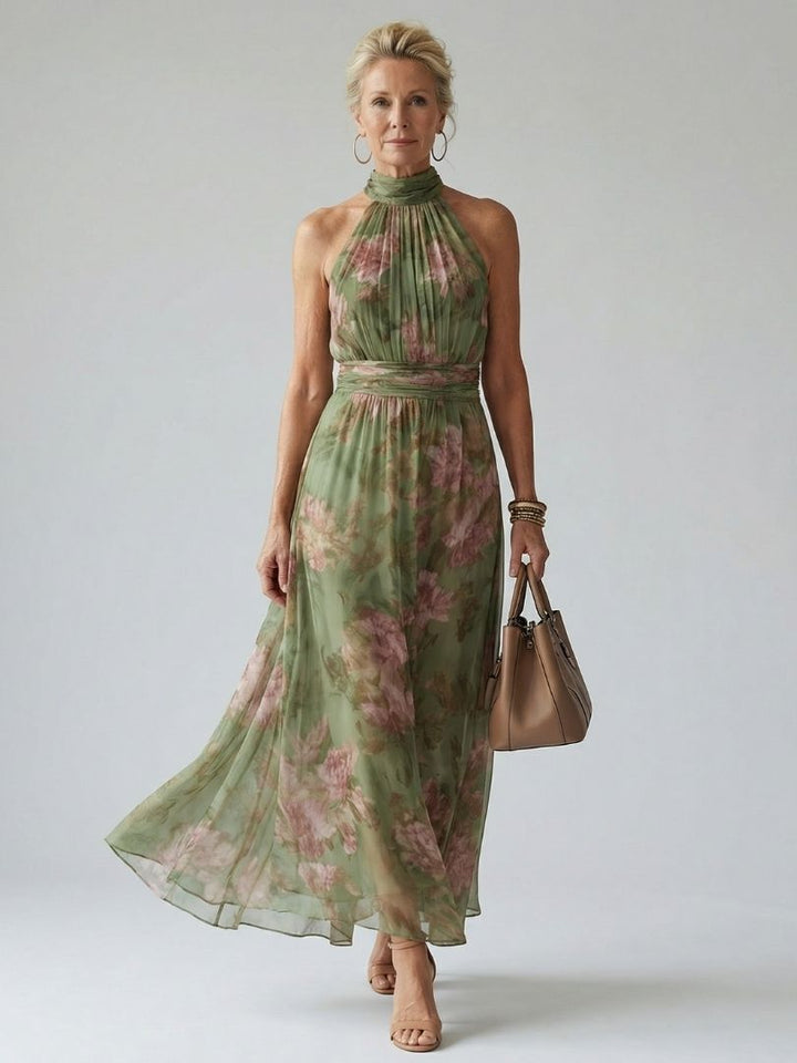 Peony Print Halter Maxi Dress