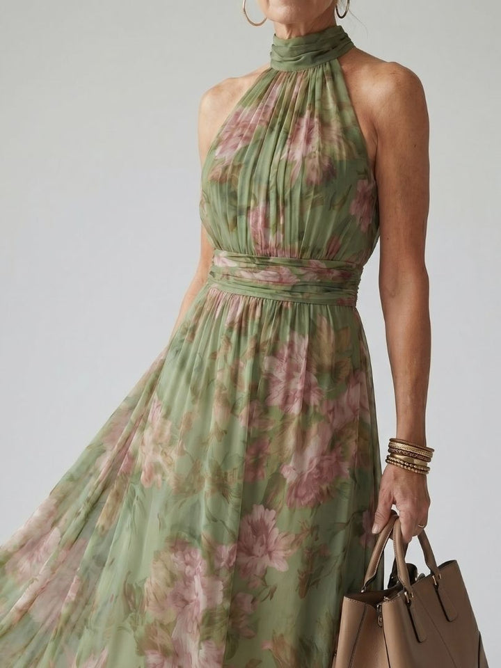 Peony Print Halter Maxi Dress
