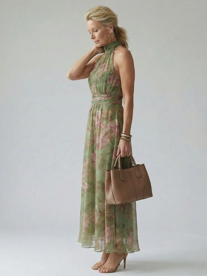 Peony Print Halter Maxi Dress