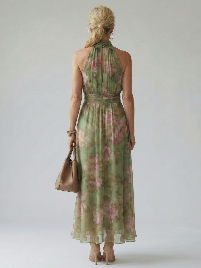 Peony Print Halter Maxi Dress