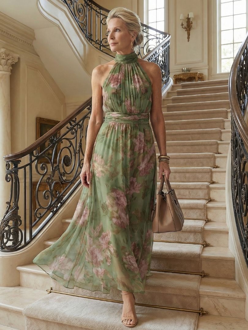 Peony Print Halter Maxi Dress