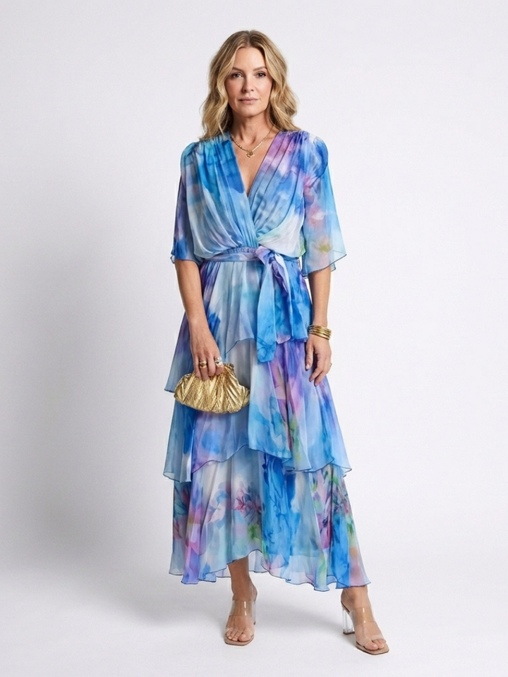 Romantic Sheer Layered Tie-Waist V-Neck Maxi