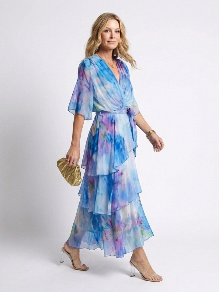 Romantic Sheer Layered Tie-Waist V-Neck Maxi