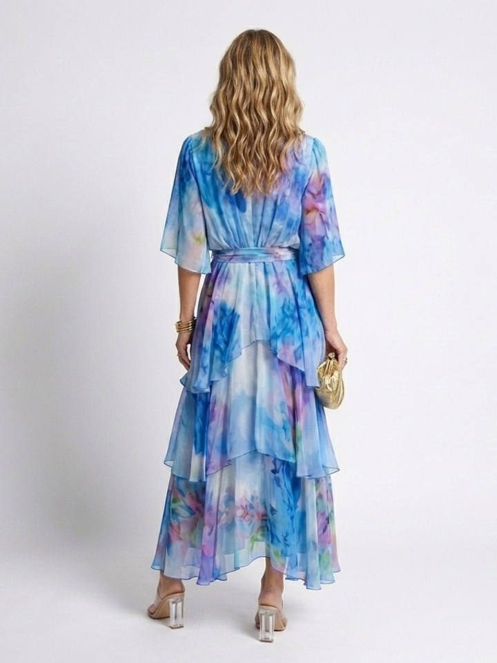 Romantic Sheer Layered Tie-Waist V-Neck Maxi