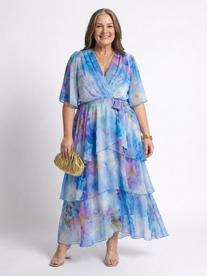 Romantic Sheer Layered Tie-Waist V-Neck Maxi