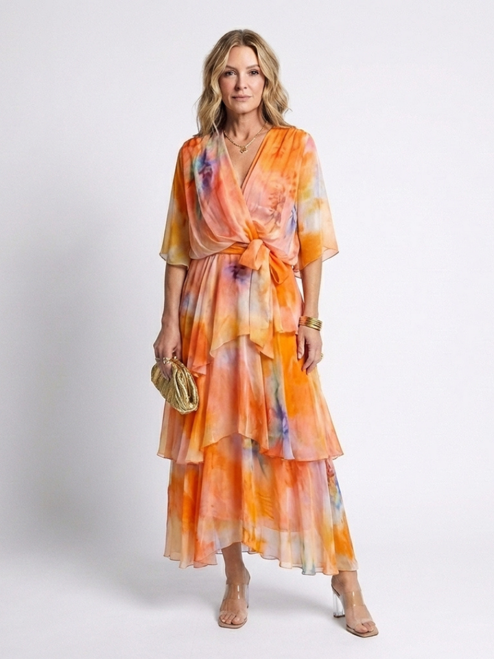 Romantic Sheer Layered Tie-Waist V-Neck Maxi