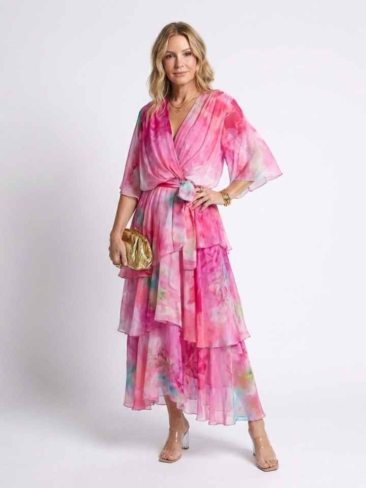 Romantic Sheer Layered Tie-Waist V-Neck Maxi