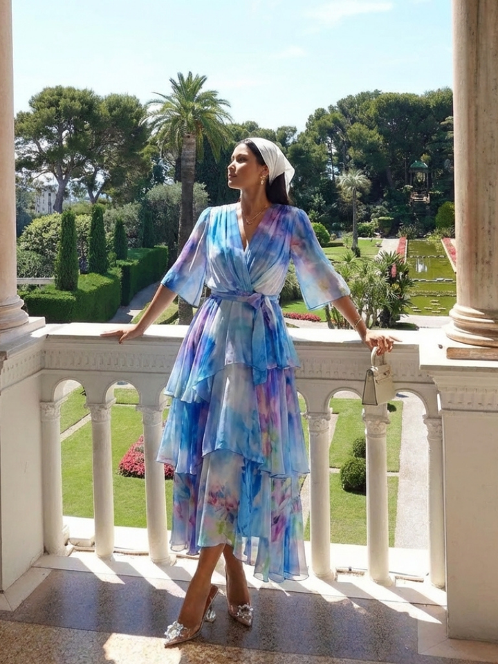Romantic Sheer Layered Tie-Waist V-Neck Maxi
