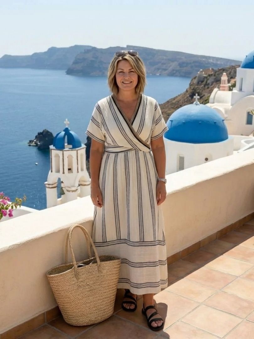 Waist-Defining Wrap Midi Dress, V-Neck Short Sleeve