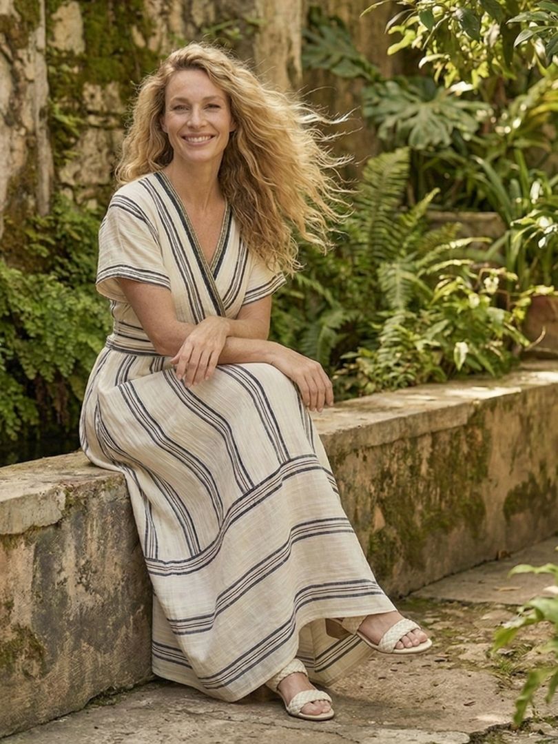 Waist-Defining Wrap Midi Dress, V-Neck Short Sleeve
