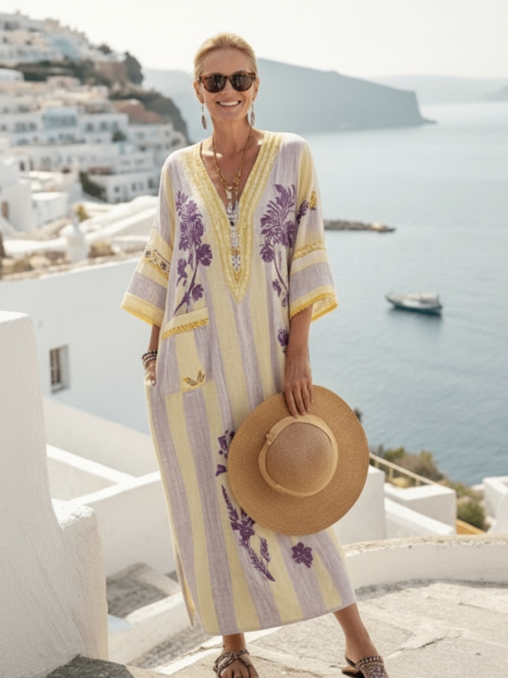 Garden Party V-Neck Half-Sleeve Striped Floral Maxi Dress