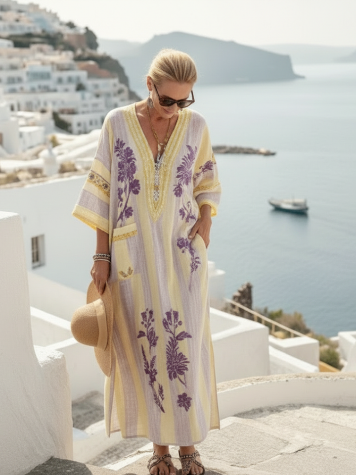 Garden Party V-Neck Half-Sleeve Striped Floral Maxi Dress