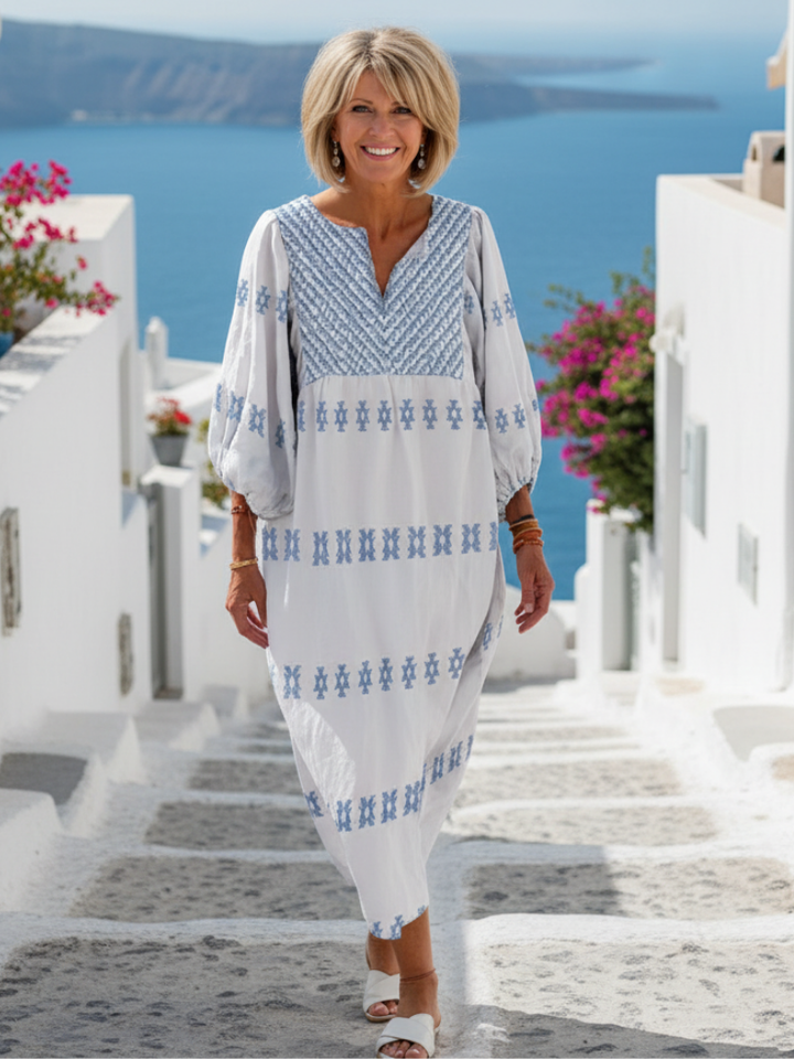 Wedding Guest Embroidered V-Neck Long-Sleeve Maxi Dress