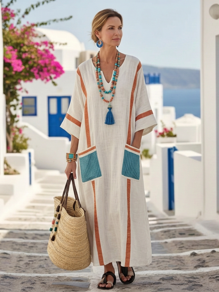 Effortless Pocketed V-Neck Half-Sleeve Maxi Dress